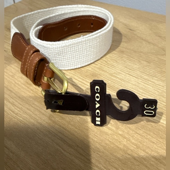 Vintage COACH Genuine Leather & Linen Belt Size 38/95 cm Style 3815 Tan Brass - Picture 1 of 10